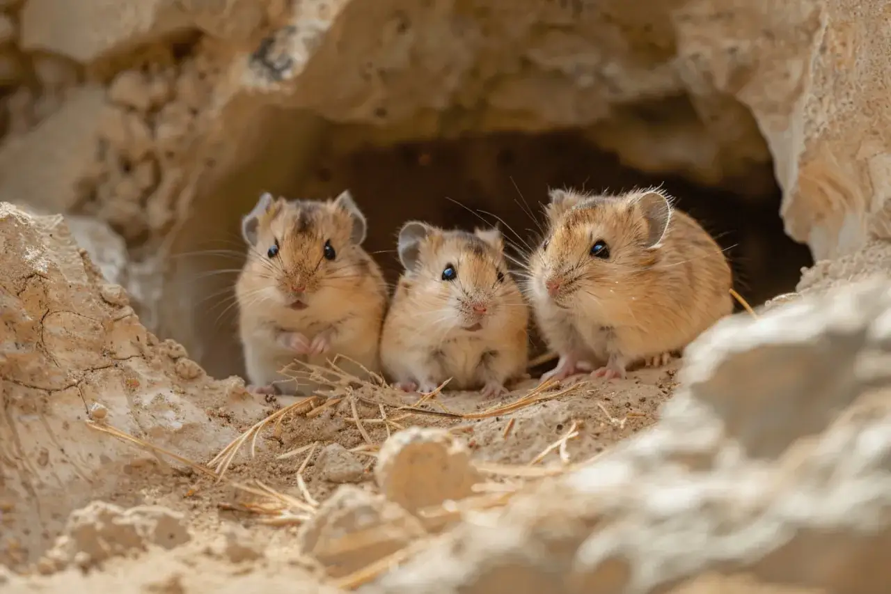 Trzy małe chomiki syryjskie, samiec czy samica, wychylają się z norki w piaszczystym terenie.
