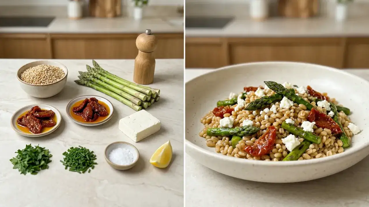 Jak ugotować kaszę pęczak z szparagami, suszonymi pomidorami i fetą. Składniki na stole i gotowe danie w misce.
