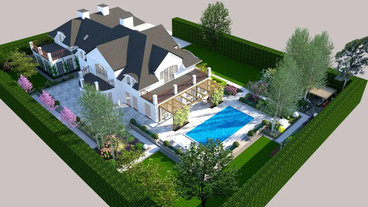 Jak zaprojektować ogród przed domem: wizualizacja nowoczesnego domu z basenem, pergolami i bujną zielenią.