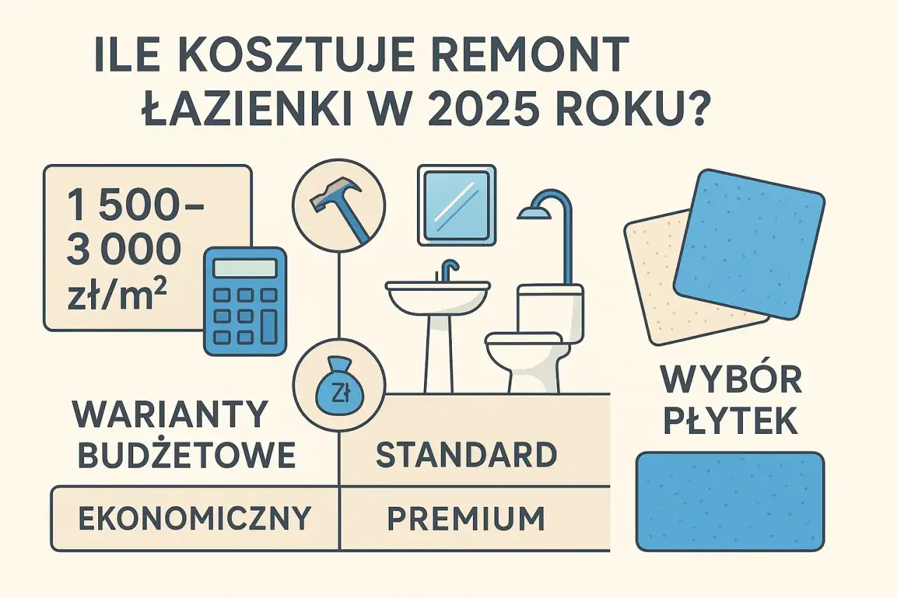 Ile placiliscie za remont łazienki? Grafika pokazuje koszty 1500-3000 zł/m², warianty budżetowe (ekonomiczny, standard, premium) i wybór płytek.