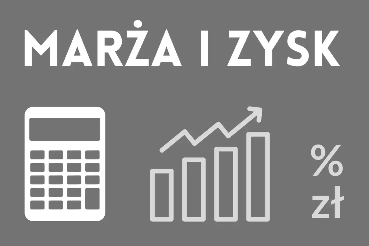 Grafika przedstawia kalkulator, wykres wzrostu i symbole procentu i złotówki. Wyjaśnia, marża co to jest i jak wpływa na zysk.