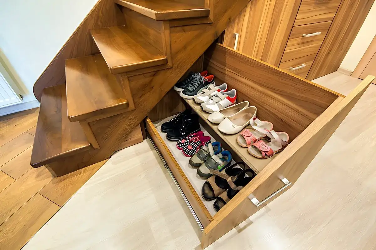 Wnęka pod schodami z wysuwanymi szufladami na buty. Pomysły na przechowywanie obuwia w niewielkiej przestrzeni.
