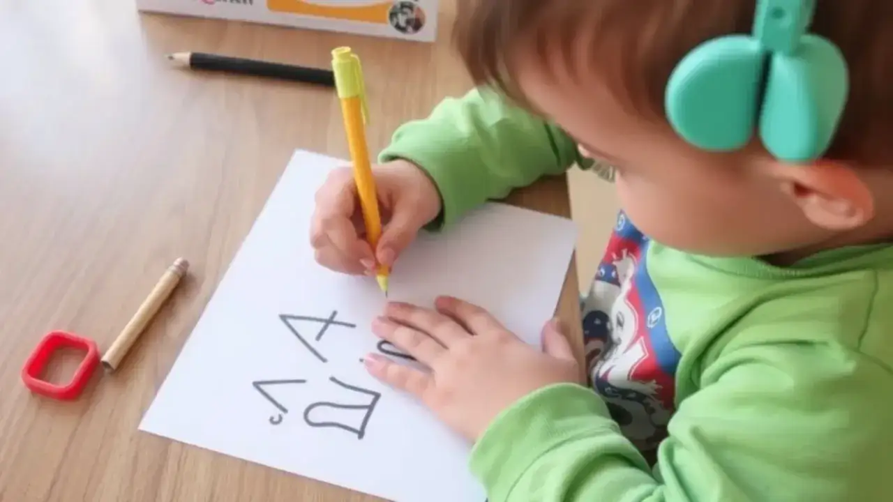 Dziecko z zielonymi słuchawkami próbuje pisać, co może być początkiem walki z dysgrafią.