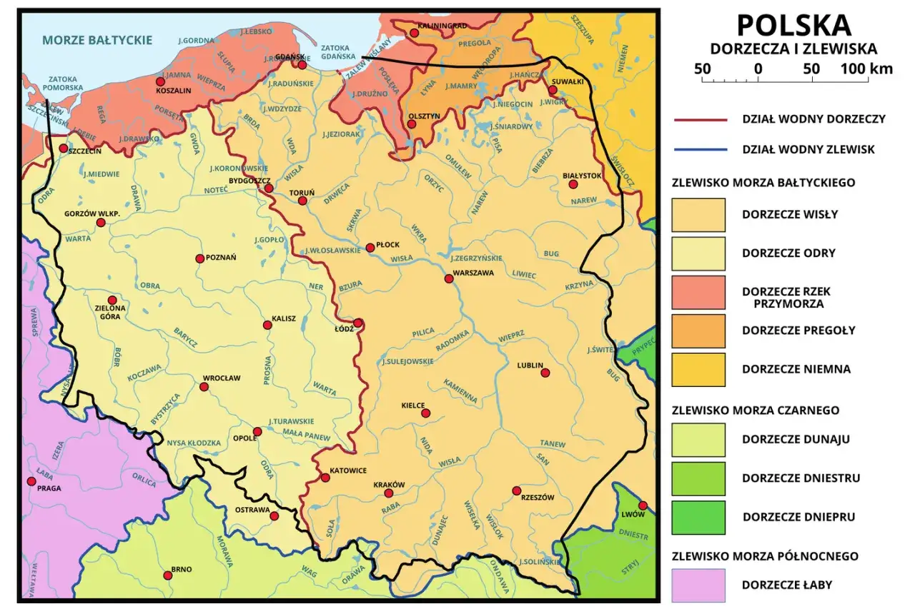 Mapa zlewni Morza Bałtyckiego z rzekami