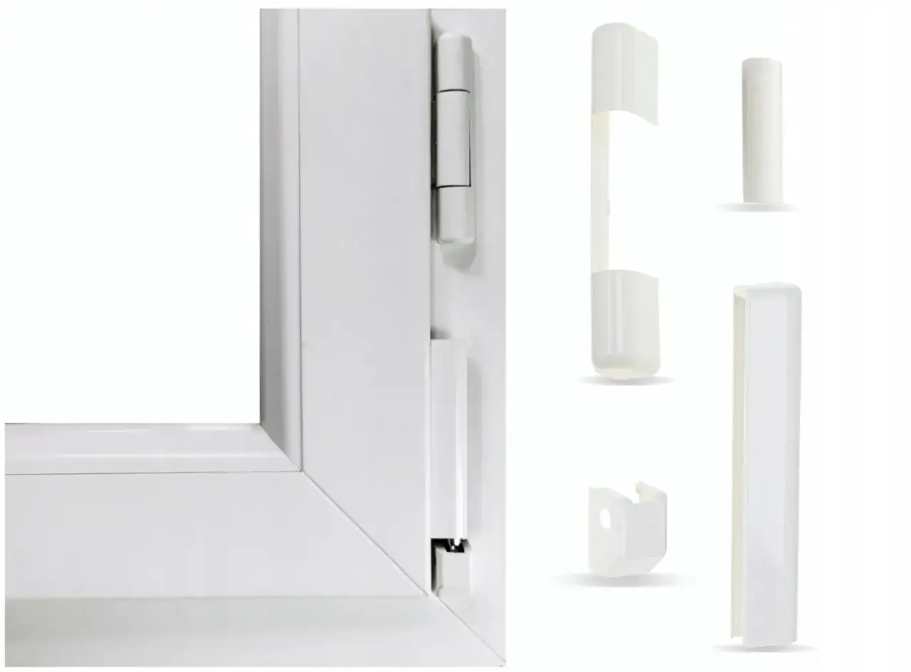 Białe opaski wokół okien, chroniące zawiasy i narożniki przed zabrudzeniem i uszkodzeniem.