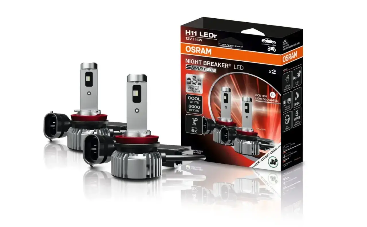 Zestaw żarówek OSRAM NIGHT BREAKER LED H11. Odpowiedź na pytanie: czy można wymienić żarówki halogenowe na ledowe w samochodzie? Tak, te są homologowane.