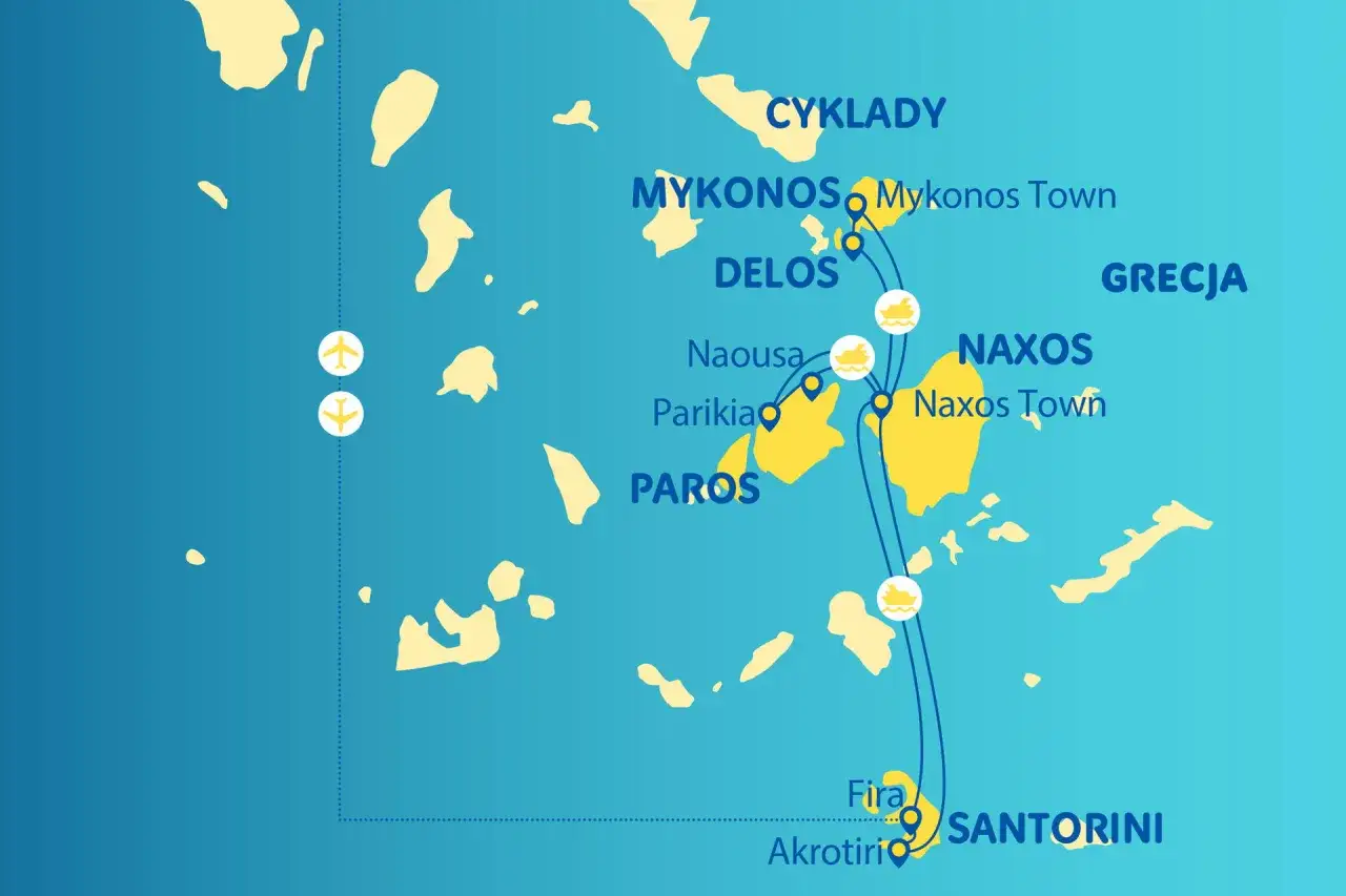 Mapa Cyklad: Mykonos, Delos, Paros, Naxos, Santorini. Planujesz podr&oacute;ż gdzie do Grecji?