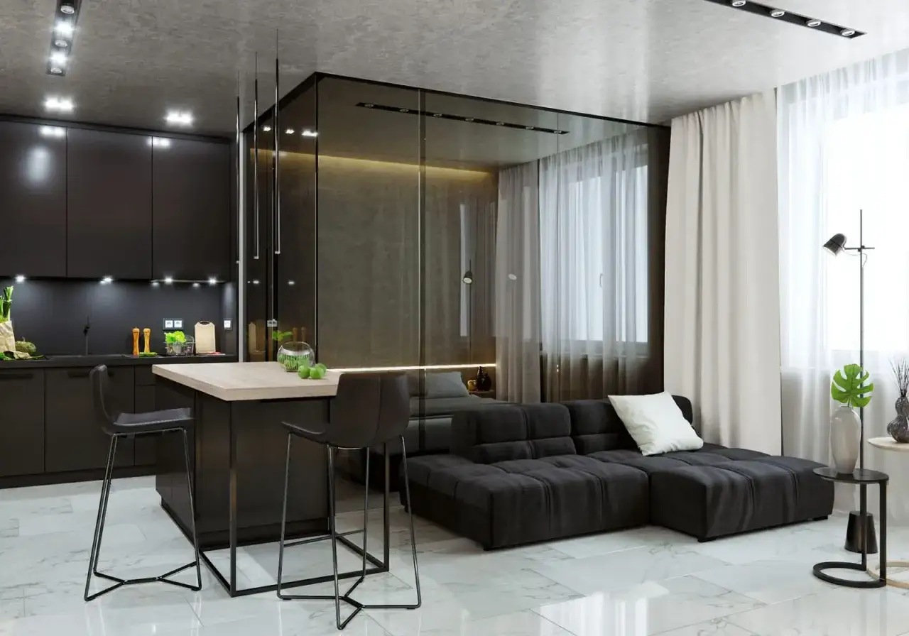 Nowoczesny projekt mieszkania 70m2: czarna kuchnia, wyspa z hokerami, szara sofa, przeszklona sypialnia.