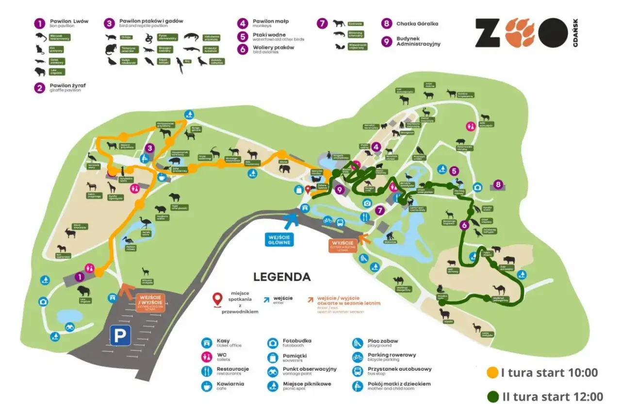 Mapa zoo w Gdańsku. Plan pokazuje, jak dojechać do zoo w Gdańsku z dworca PKP, zaznaczone są pawilony zwierząt, wejścia i wyjścia.
