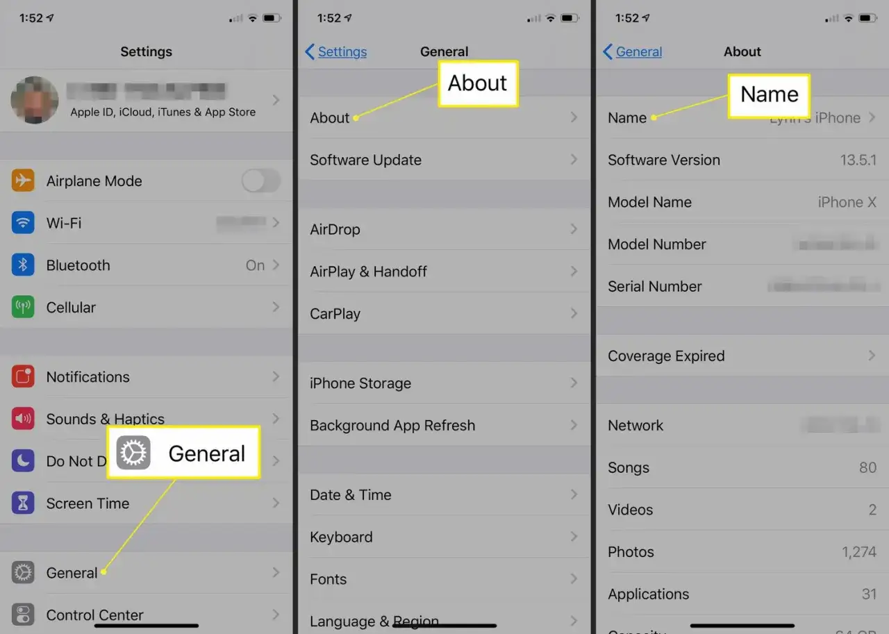 Jak zmienić nazwę iPhone: Ustawienia > Ogólne > To urządzenie > Nazwa.
