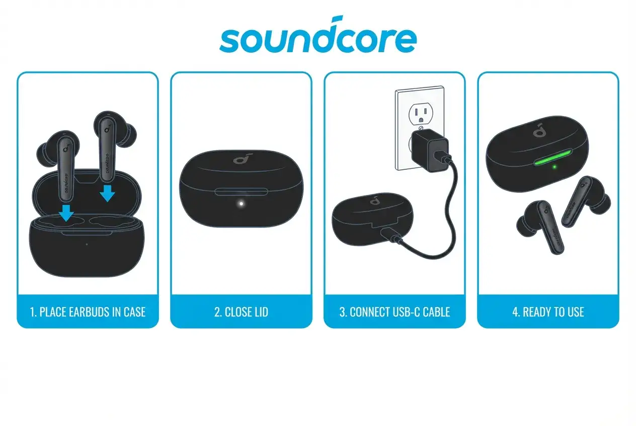 Instrukcja obsługi słuchawek Soundcore: umieść w etui, zamknij, podłącz kabel USB-C. Gotowe do użycia!