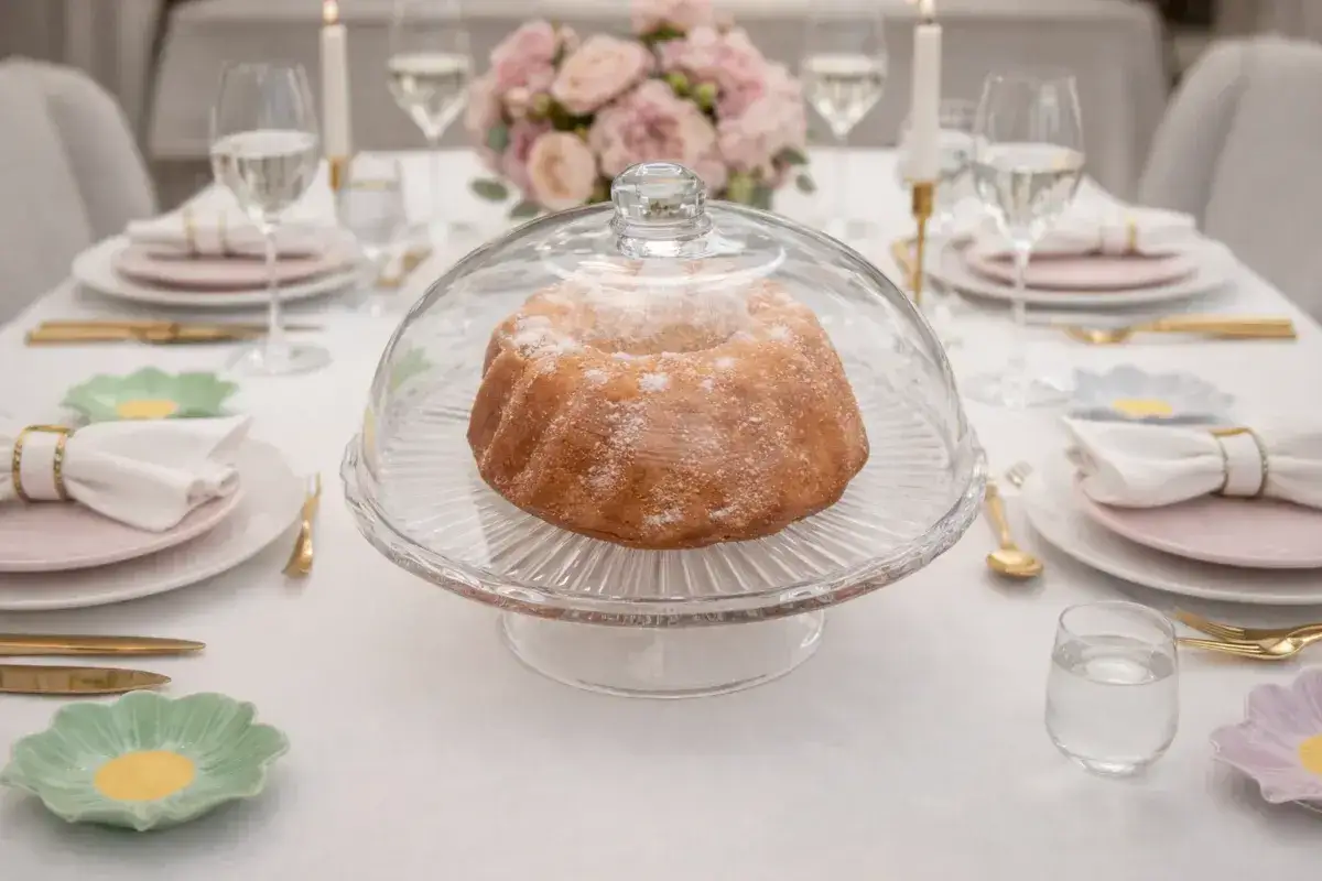 Patera ceramiczna z babką, przykryta kloszem, na elegancko nakrytym stole.