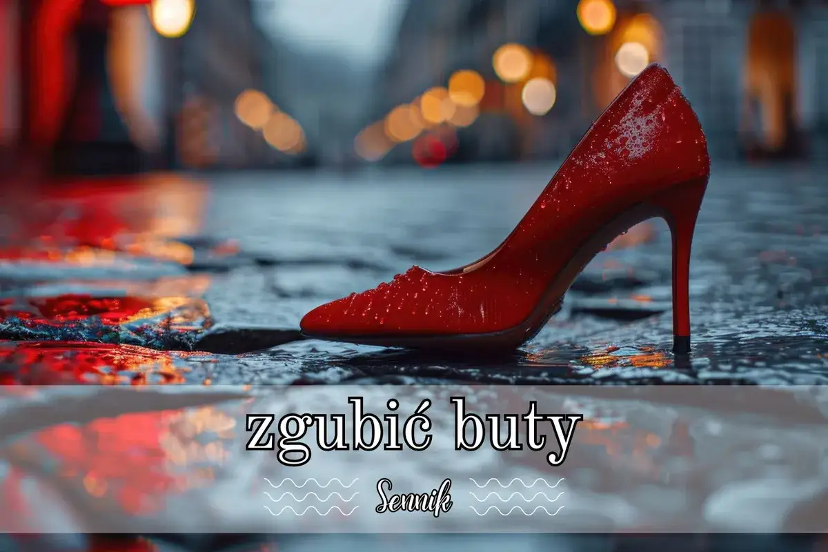 Czerwony, mokry szpilka na mokrym bruku. Czy to sen o zgubionych butach, czy symbol utraty?