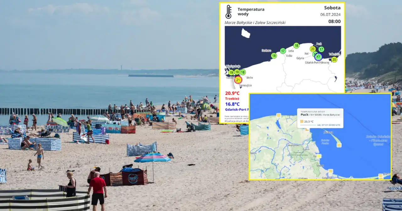 Na plaży widać ludzi, a na mapie informacje o tym, ile stopni ma woda w Bałtyku, np. 21°C w Trzebieży.