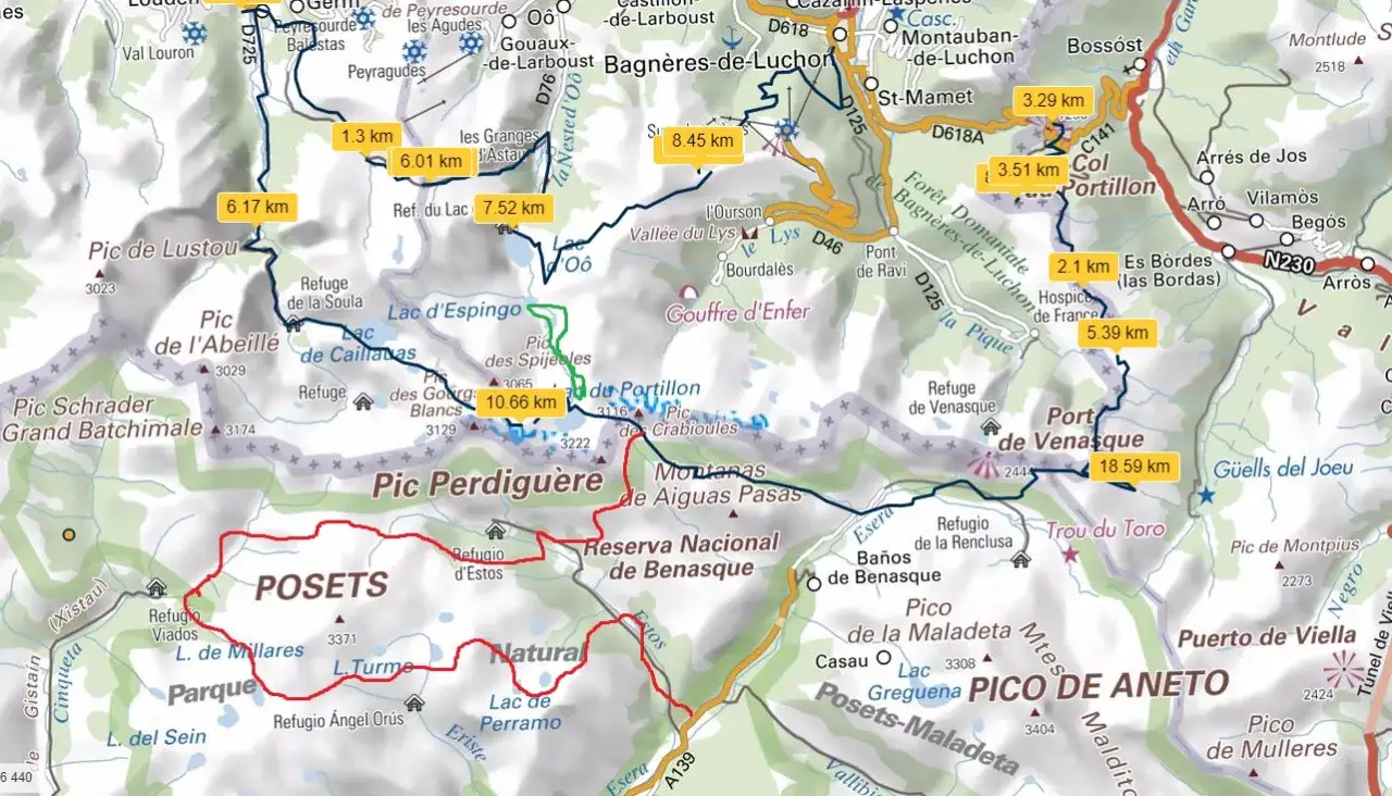 Mapa Pirenej&oacute;w podział na części
