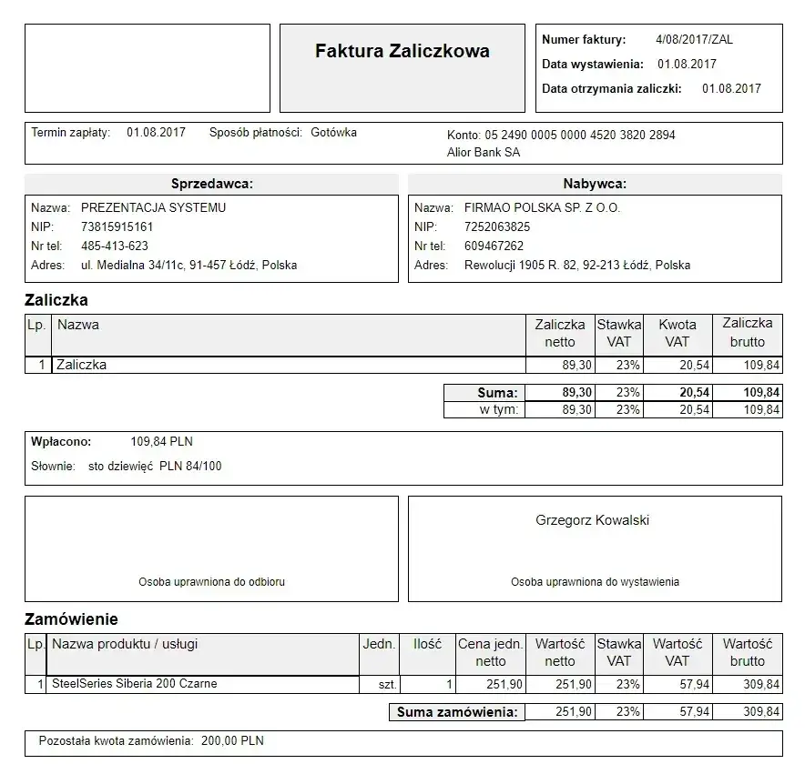 por&oacute;wnanie faktura proforma VAT zaliczkowa