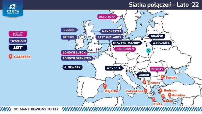 Mapa połączeń lotniska Rzesz&oacute;w Jasionka wakacje