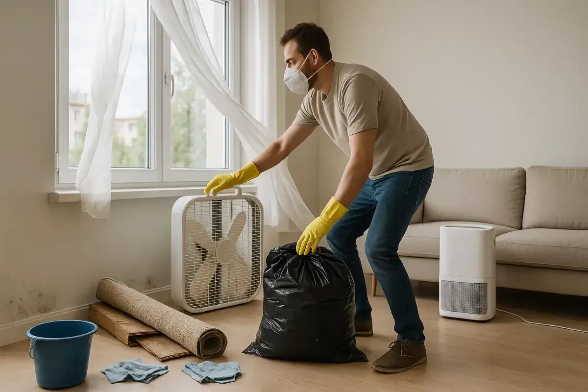 Mężczyzna w masce i rękawiczkach sprząta pleśń z powodu wilgotności w domu 75%. Wietrzy pomieszczenie wentylatorem i zbiera śmieci.
