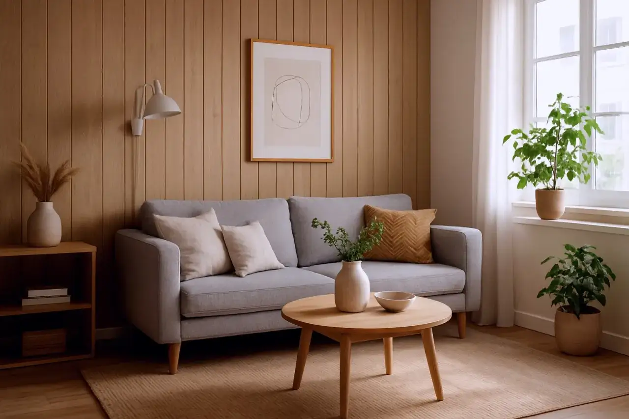 Przytulny salon z szarą kanapą, drewnianymi panelami ściennymi (płyty ścienne dekoracyjne) i okrągłym stolikiem kawowym.