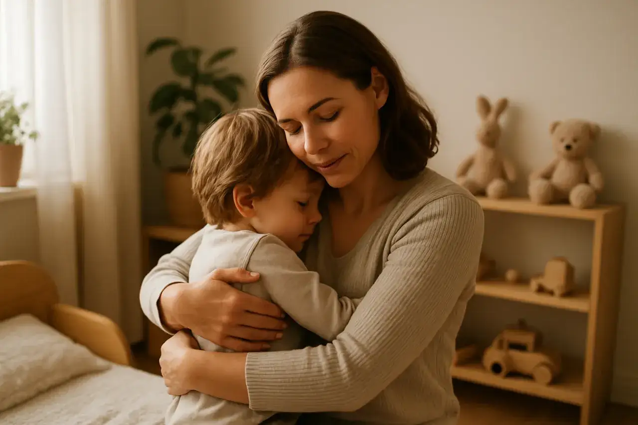 rodzic przytulający płaczące niemowlę wsparcie