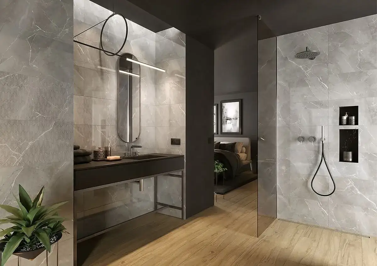 Nowoczesna łazienka z prysznicem i umywalką. Marmurowe płytki i drewniana podłoga. Czy fuga jest wodoodporna?