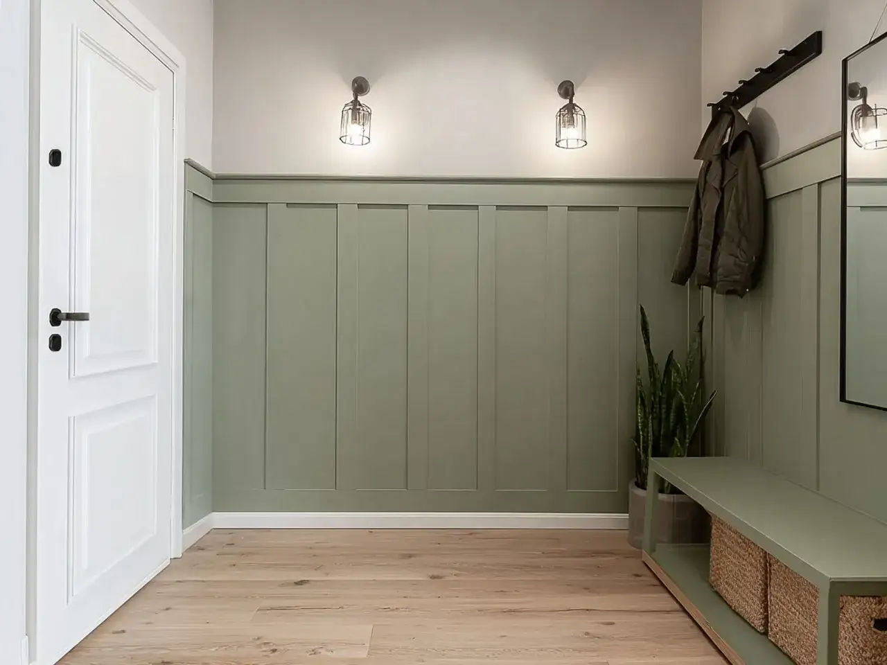 Boazeria angielska inspiracje: zielona ściana z pionowymi panelami, białe drzwi, wieszak z kurtką, ławka z koszami i roślina.