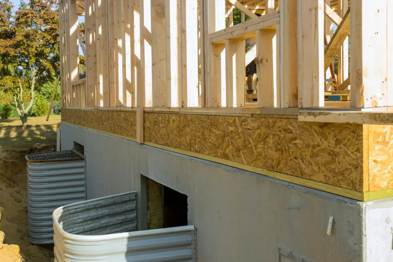 Budowa domu w toku. Widoczny betonowy fundament, okna piwniczne i drewniana konstrukcja ścian. To właśnie cokolik, czyli dolna część ściany fundamentowej, chroni budynek.