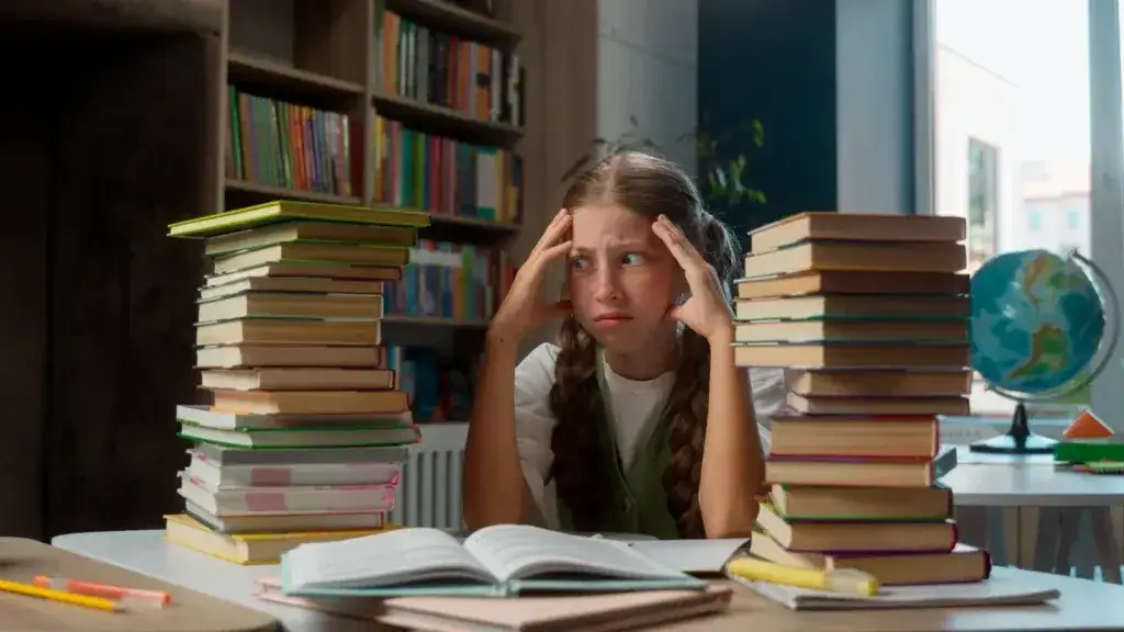 Osoba zamyślona nad książkami, brak motywacji do nauki