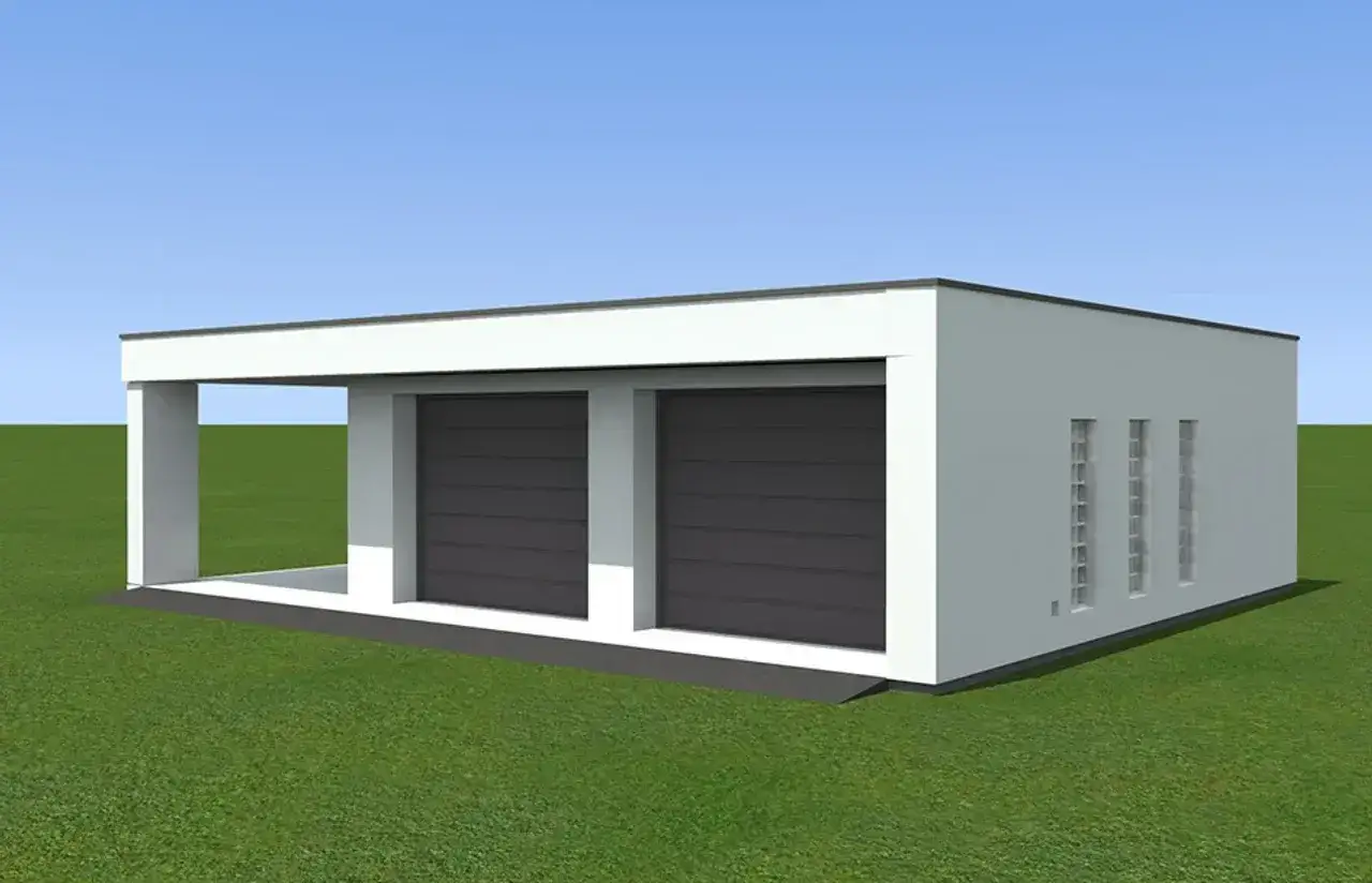 Nowoczesny garaż z płaskim dachem, dwoma bramami wjazdowymi i trzema wąskimi oknami.