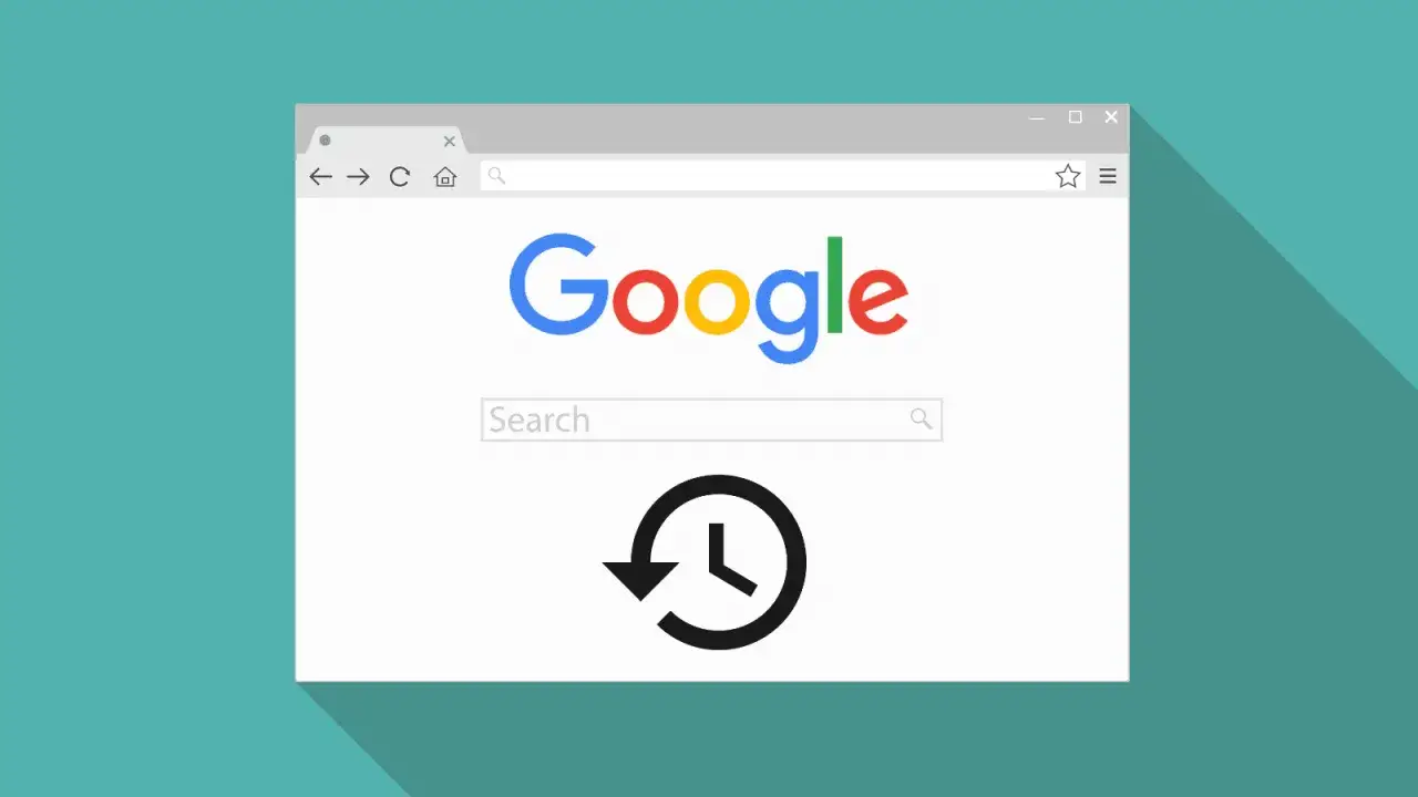 Ikona zegara z cofającą się strzałką na stronie Google. Dowiedz się, jak przywrócić historie przeglądarki.