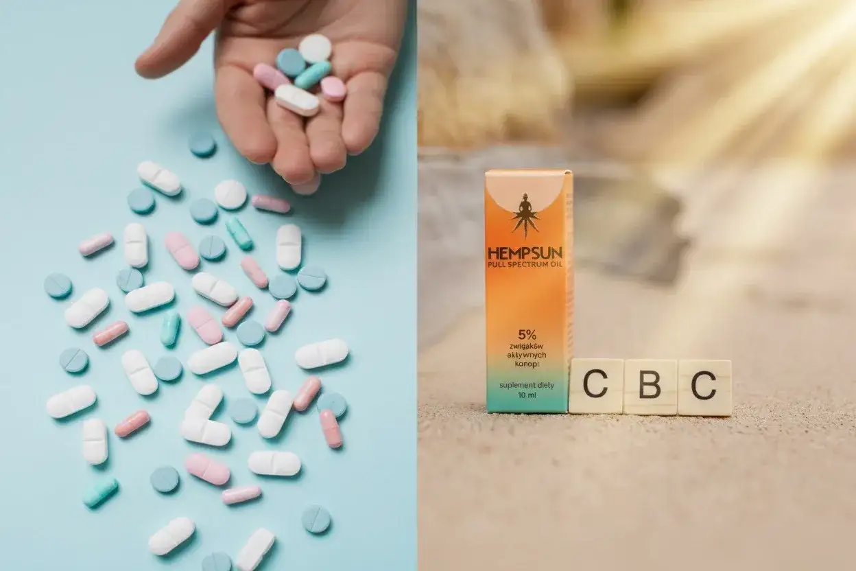 R&oacute;żne tabletki, w tym niesteroidowe leki przeciwzapalne, obok buteleczki oleju konopnego i kostek z literami CBC.