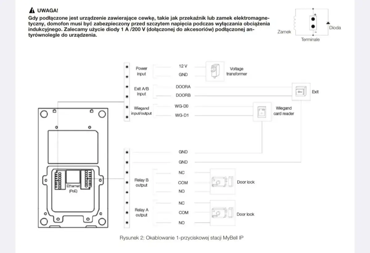 Schemat okablowania stacji MyBell IP. Wskaz&oacute;wki dotyczące podłączenia zamka elektromagnetycznego z użyciem diody.