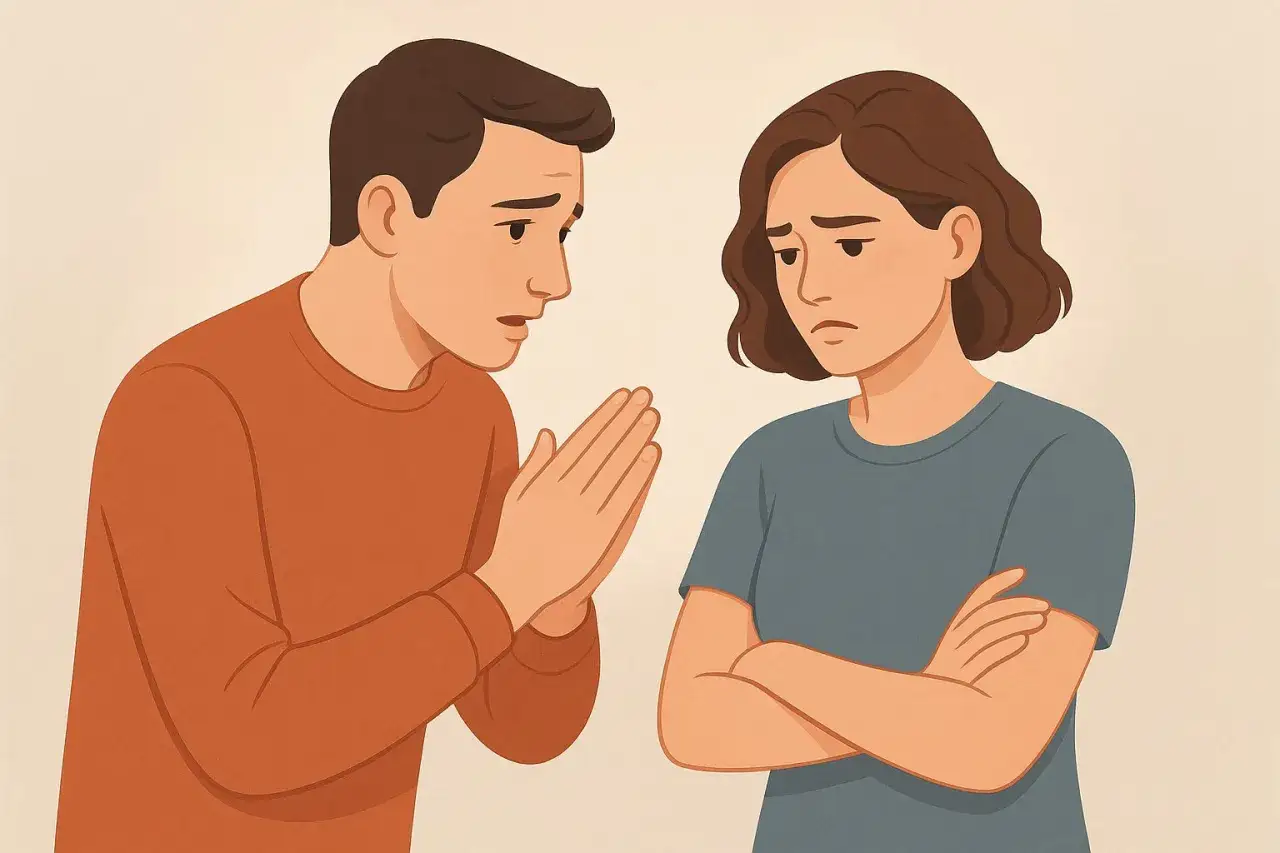 Chłopak błaga o wybaczenie, składając ręce. Dziewczyna stoi z założonymi ramionami, smutna. To przeprosiny dla mamy.