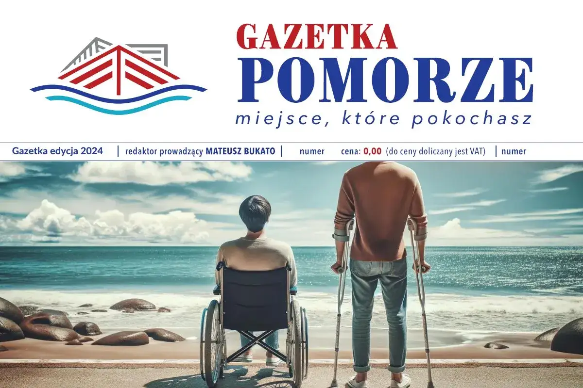 Osoba na wózku i osoba o kulach patrzą na morze. Gazetka Pomorze informuje o bezpłatnych wyjazdach dla osób niepełnosprawnych.