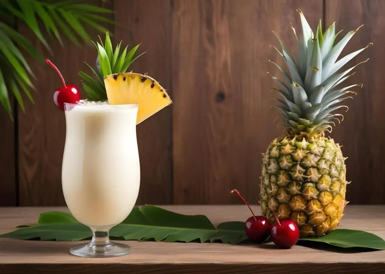 Orzeźwiający drink pina colada z ananasem i wiśnią, obok leży cały ananas i dwie wiśnie.