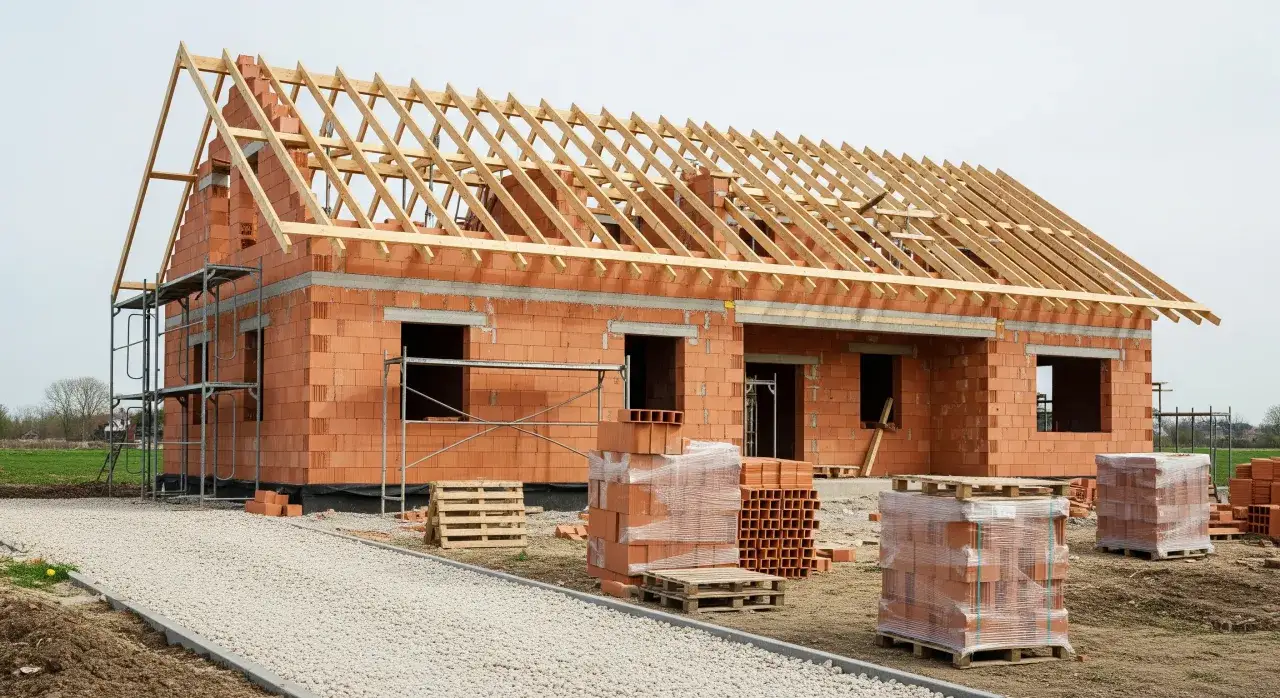 Budowa budynku mieszkalnego w toku. Ściany z cegły ceramicznej, widoczna drewniana konstrukcja dachu. Materiały budowlane na placu.