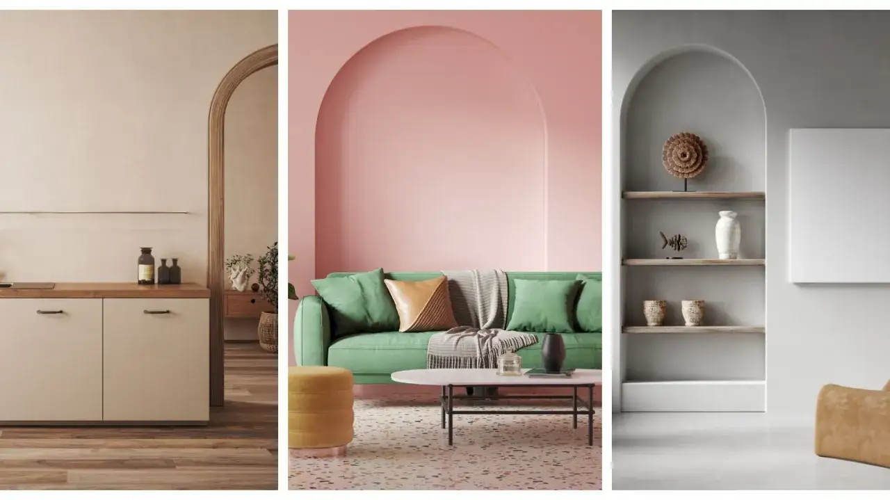 Inspirujący pomysł na łuk w domu: kuchnia z drewnianym blatem, salon z zieloną kanapą i r&oacute;żową ścianą, oraz p&oacute;łki z dekoracjami.