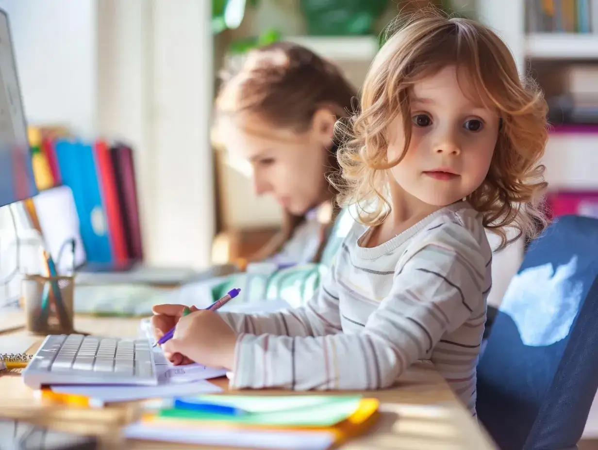 Dzieci uczą się w domu, co pokazuje edukacja domowa wady i zalety. Mała dziewczynka pisze, a mama pomaga.