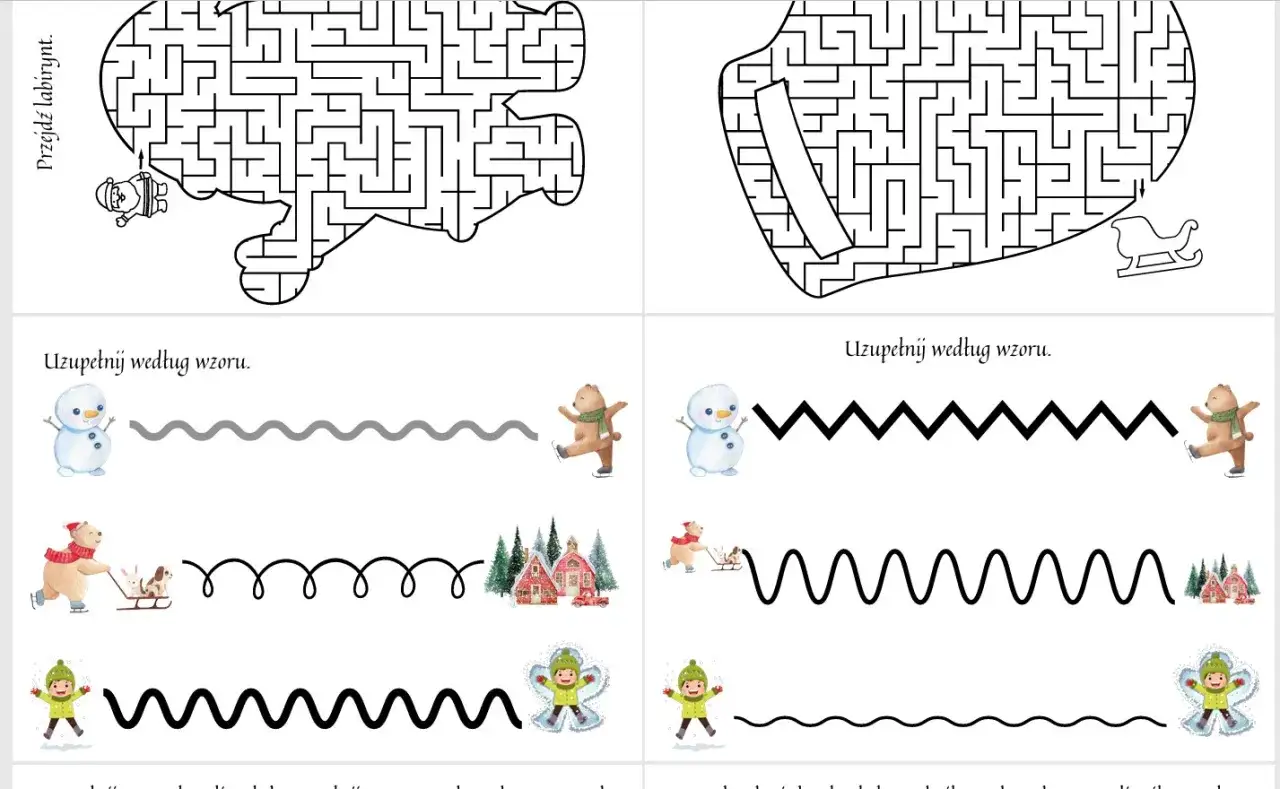 Zadania rewalidacyjne: labirynty, rysowanie po śladzie z bałwankiem, misiem i dziećmi.