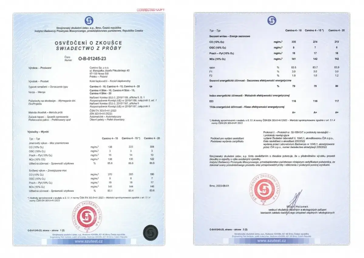 Wyniki testów kotła Camino wskazują, jaki pellet jest najlepszy: Camino 4 Slim - 20, z najniższą emisją CO i OGC.