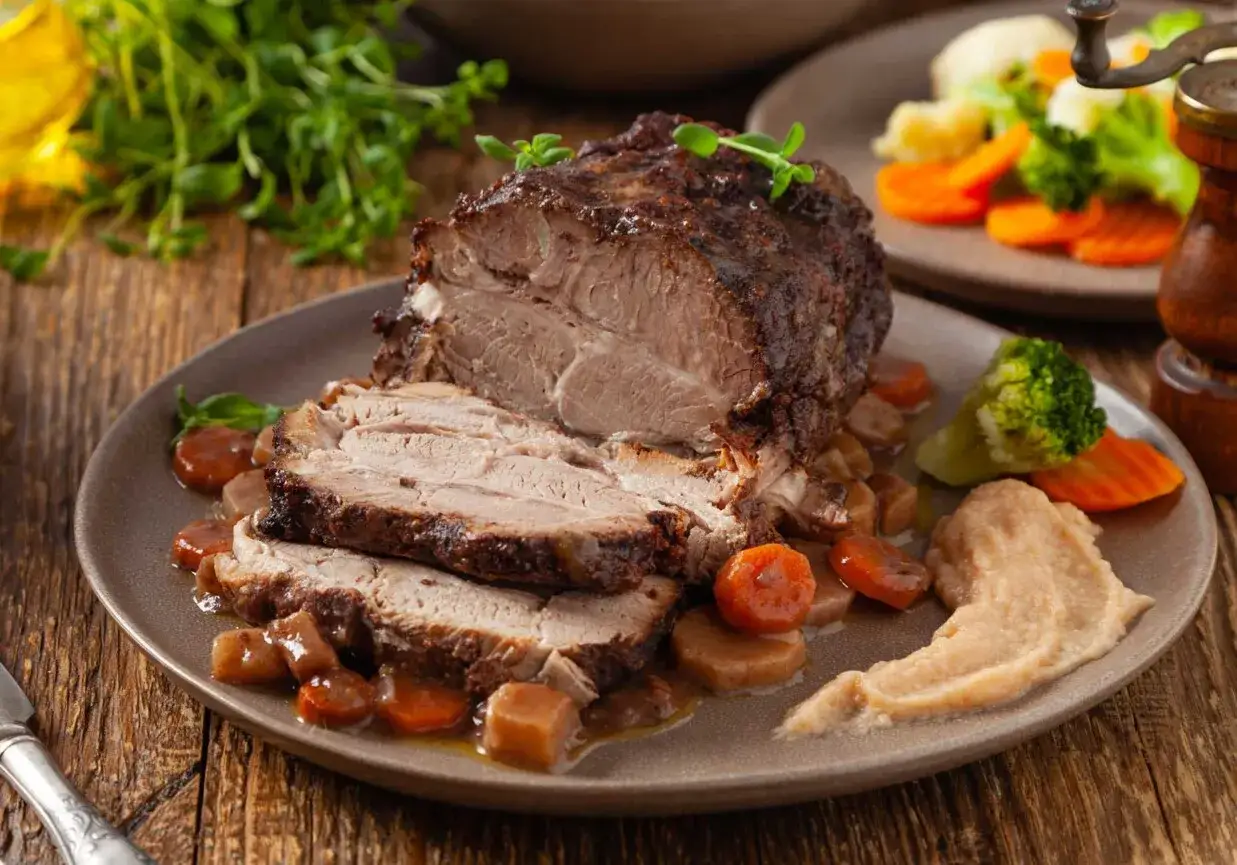 Soczysta pieczeń z karkówki, pokrojona w plastry, podana z warzywami i puree. Kluczem do sukcesu jest idealna temperatura wewnętrzna pieczeni z karkówki dla maksymalnej soczystości.