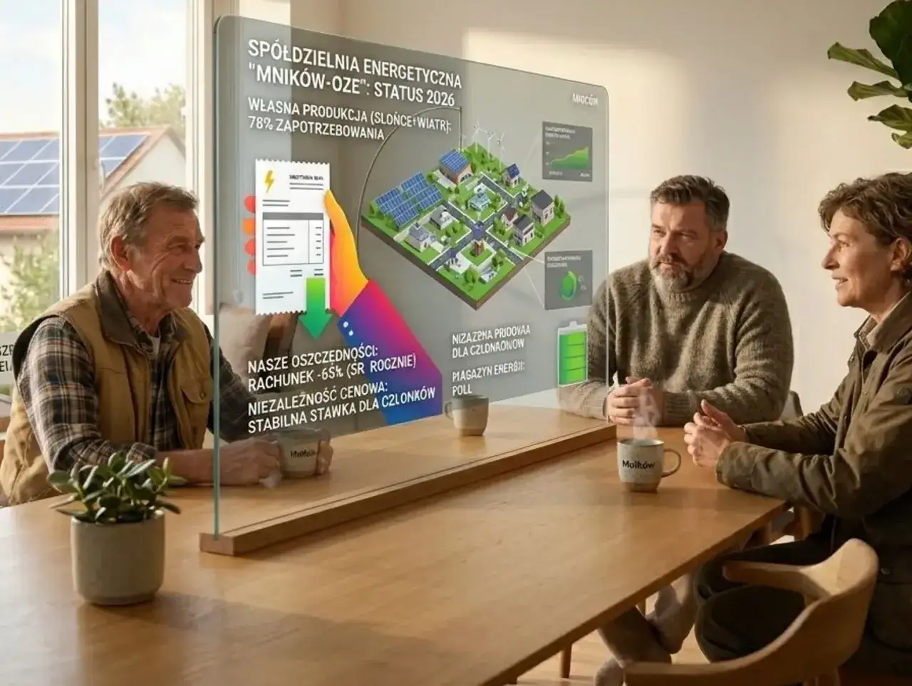 Trzech ludzi dyskutuje o oszczędnościach na rachunkach za prąd dzięki spółdzielni energetycznej. Na ekranie widać wykresy i dane o własnej produkcji energii.