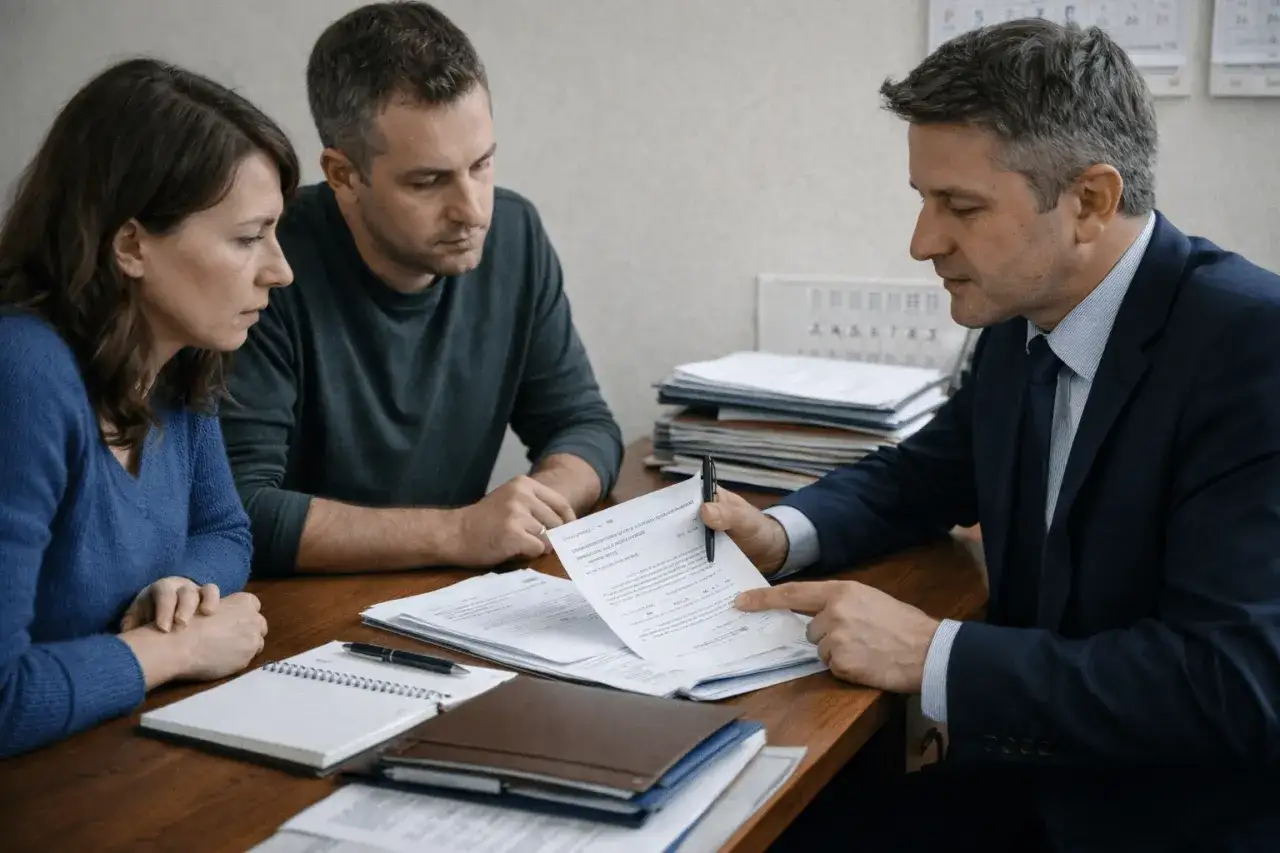 Prawnik omawia dokumenty z parą, która prawdopodobnie chce złożyć pozew o rozwód.