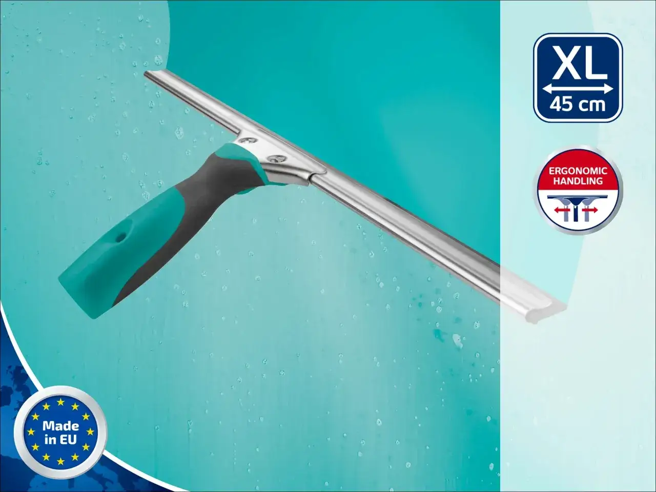 Ergonomiczna ściągaczka XL 45 cm ułatwia mycie okien, pozostawiając je lśniące.