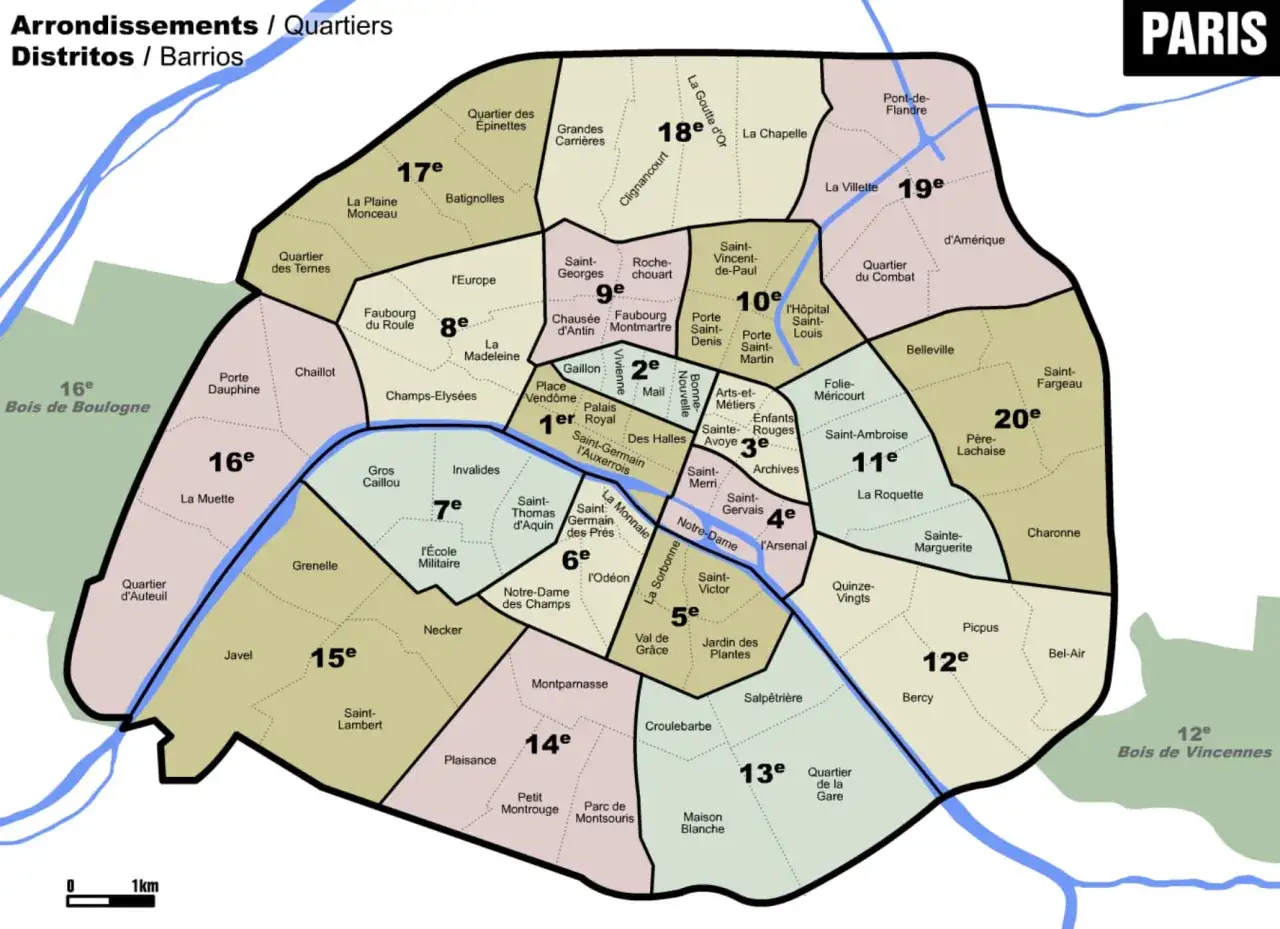 Mapa Paryża z podziałem na dzielnice (arrondissements). Ile mieszkańców ma Paryż? To pytanie można zbadać, analizując gęstość zaludnienia w poszczególnych rejonach.