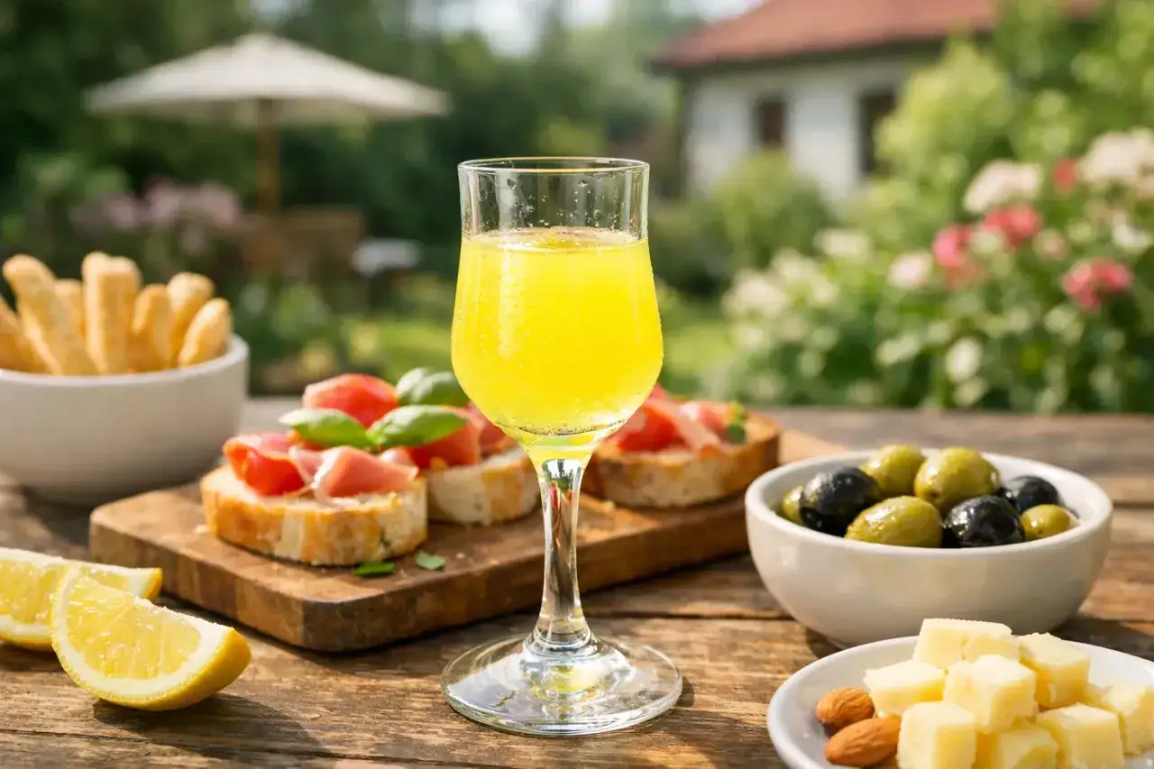 Idealny sposób, jak pić limoncello: schłodzone, z cytryną, oliwkami i bruschettą w ogrodzie.