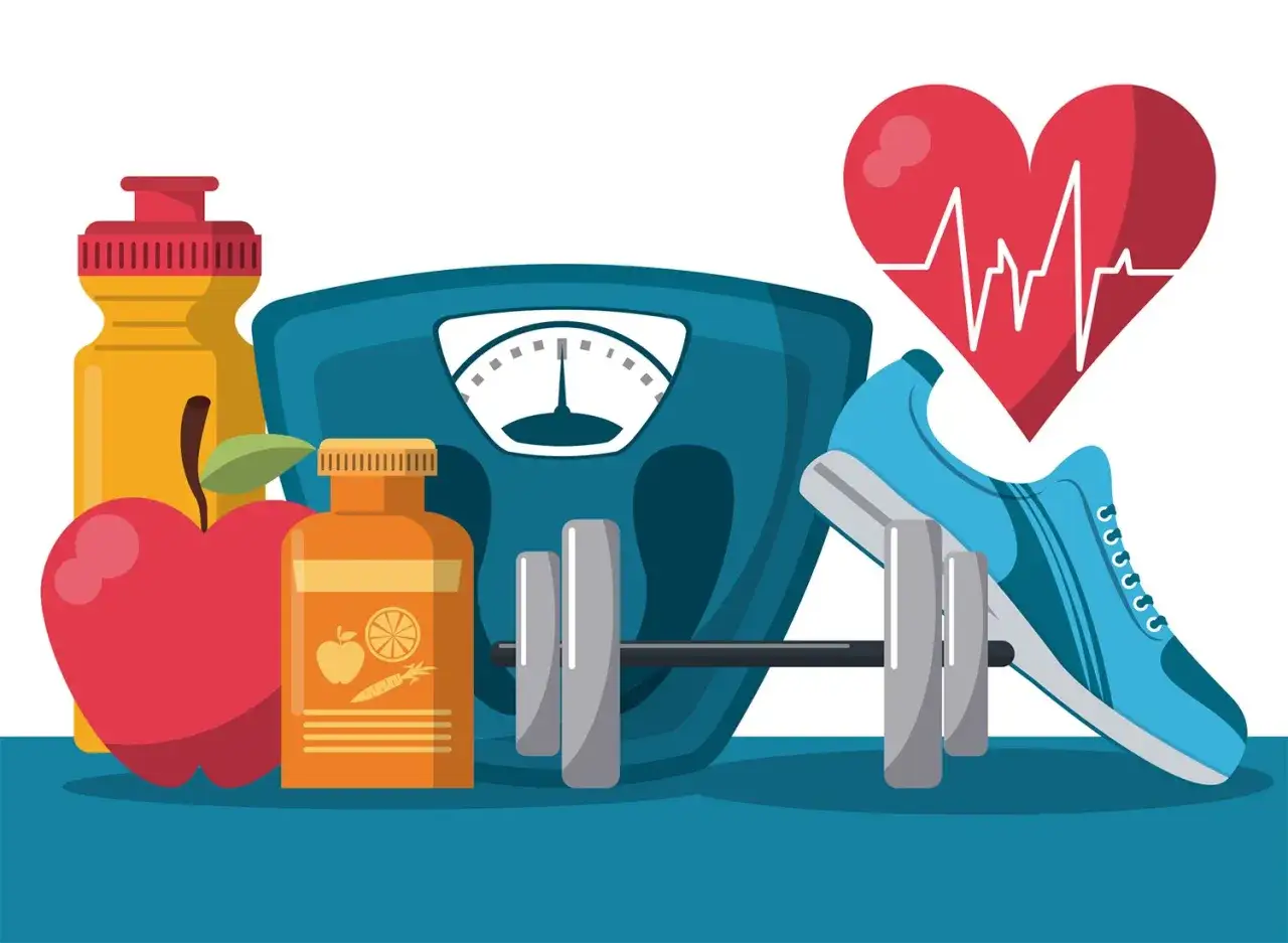 Waga, jabłko, suplementy i buty sportowe symbolizują walkę z nadwagą i otyłością.