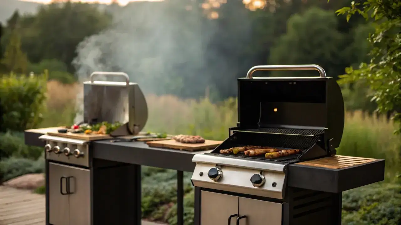 Dwa grille w ogrodzie, jeden z otwartą pokrywą, na którym pieką się kiełbaski. W tle dym i zieleń. To idealne miejsce, by dowiedzieć się, co to jest grill.