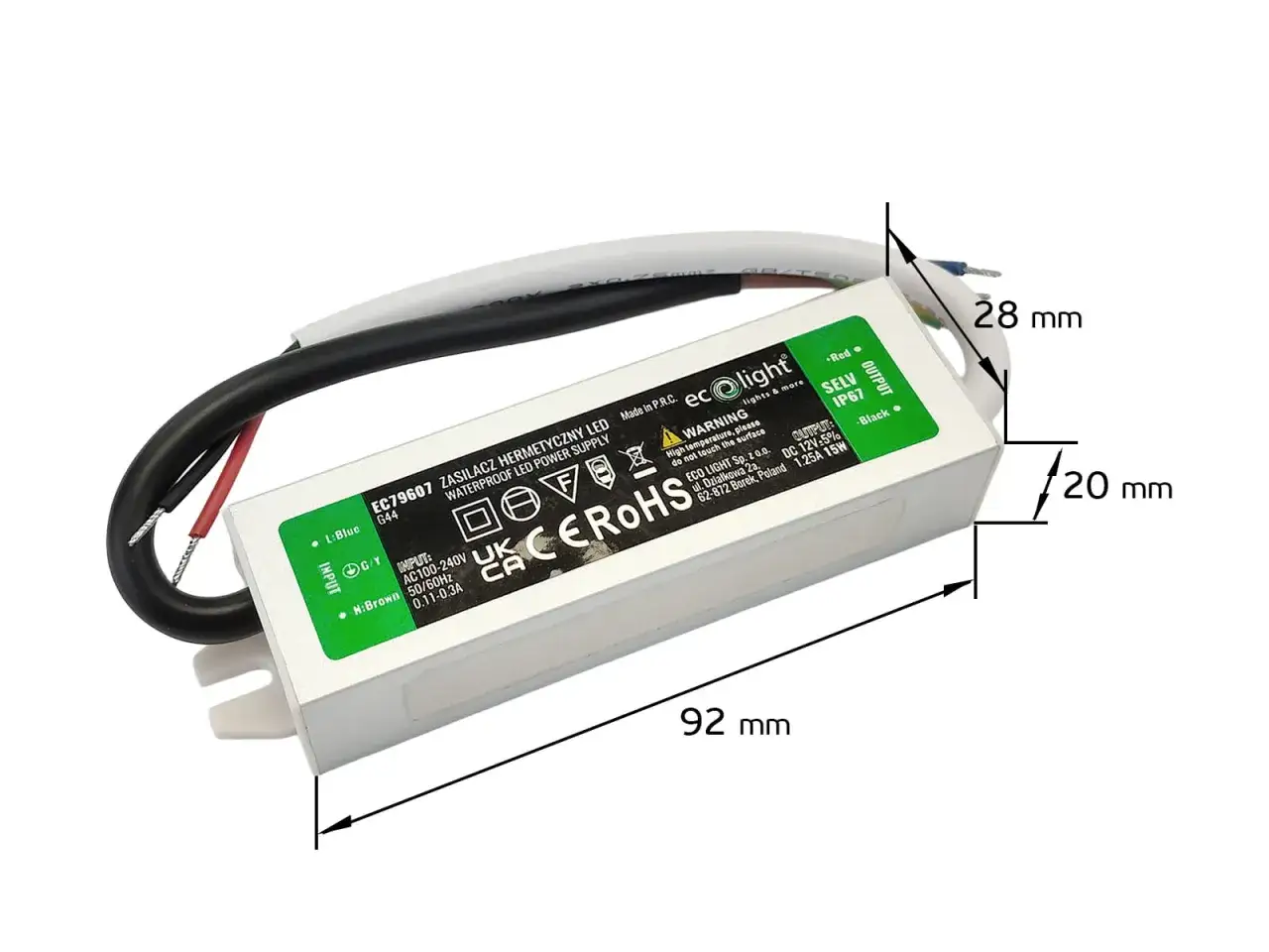 Zasilacze wodoodporne IP67 do LED, model EC79607, 15W, 12V DC. Wymiary 92x28x20 mm.