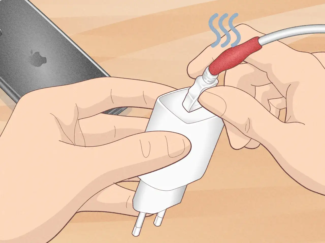 Dłonie pr&oacute;bują podłączyć uszkodzony kabel do ładowarki, ale telefon widzi ładowarkę, ale nie ładuje.